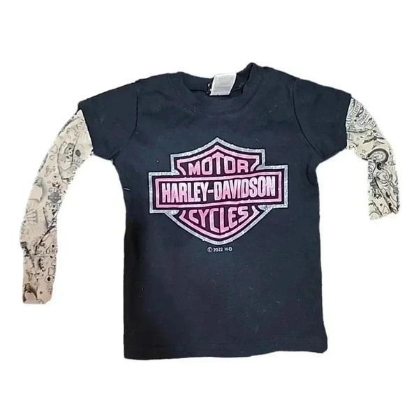 Harley-Davidson Little Girls' Glitter  Mesh Tattoo Long Sleeve Tee - Black 3t - Picture 1 of 6